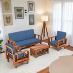 Solid Wood 5 Seater Wooden Sofa Set for Living Room Furniture 5 Seater 3+1+1 Fabric Sofa Set with Center Table