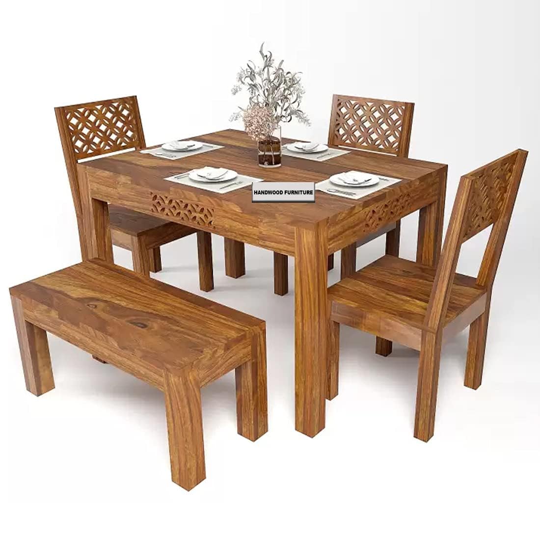 Sheesham Wood Dining Table(34x34) with 3 Chairs & 1 Bench | 4 Seater Dining Set | Wooden Dining Table with Chair - Dining Room Furniture