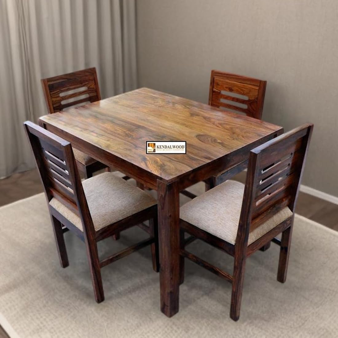 Furniture Sheesham Wood Natural Teak Finish 4 Seater Dining Table Set