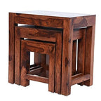 Sheesham Wood Nesting Stools for Living Room, Wooden Tables, Set of 3, Brown