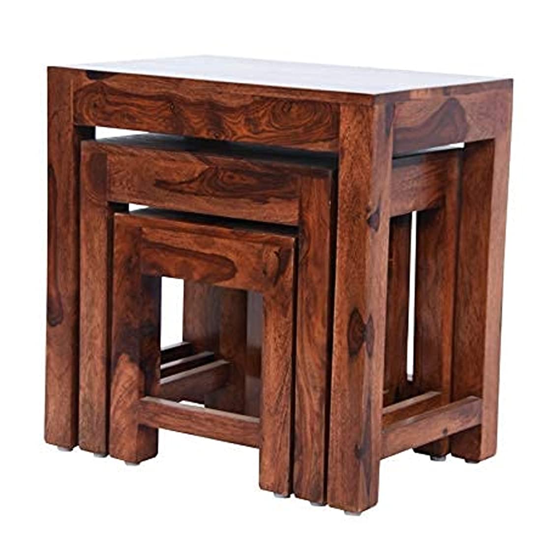 Sheesham Wood Nesting Stools for Living Room, Wooden Tables, Set of 3, Brown