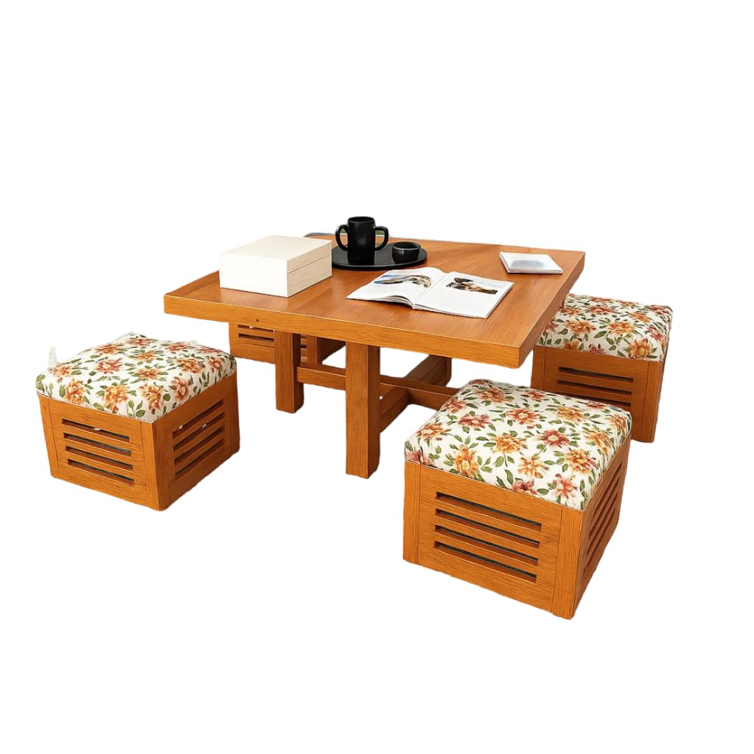 Furniture Premium Sheesham Wood Coffee Table for Living Room | Wooden Coffee Table with 4 Stool | Honey Finish with Flower Cushions