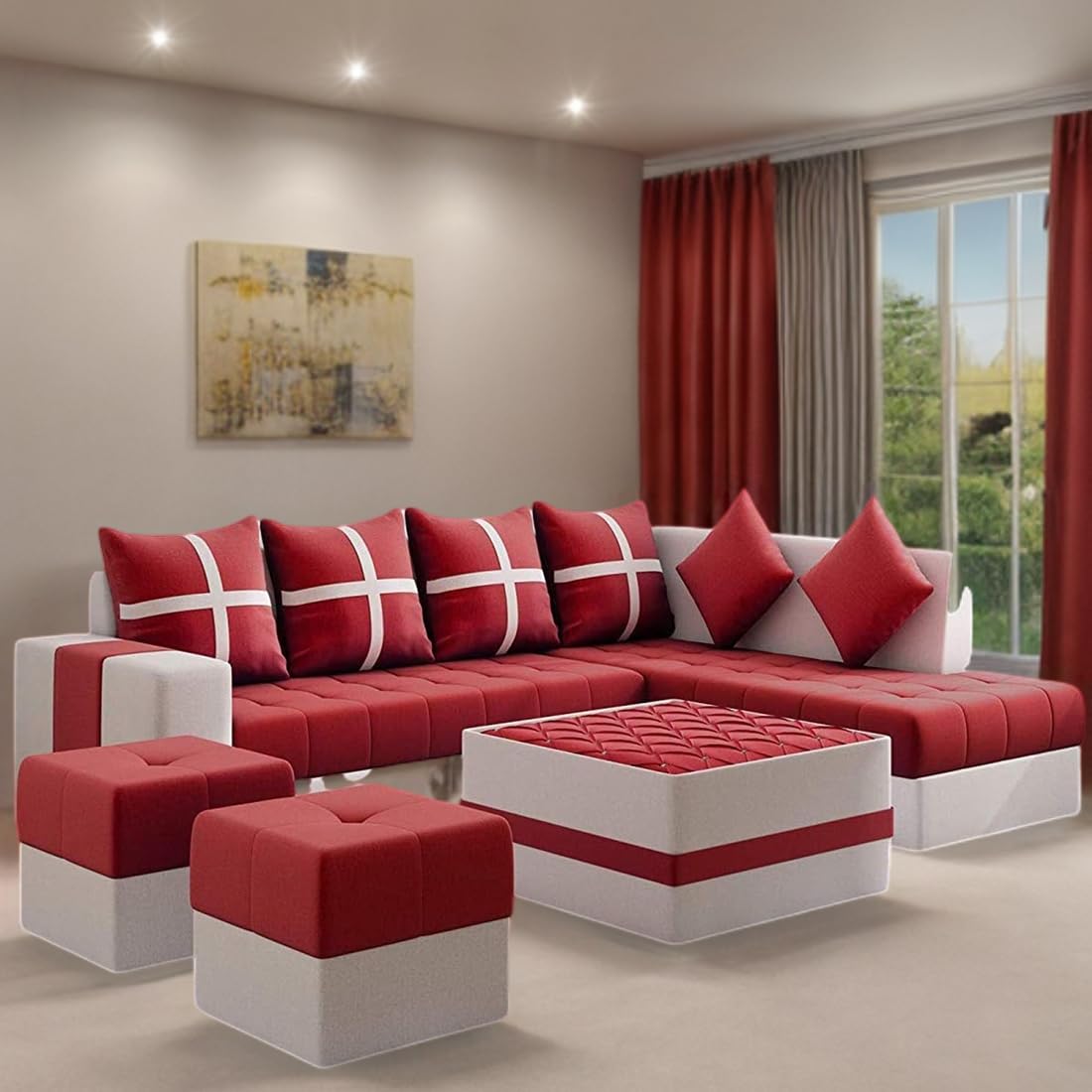 8 Seater Sofa Set, L Shape Sofa (Right Facing) 2 Ottoman, 6 Small Pillow with Coffee Table for Living Room Furniture | Sofa for Home & Office Furniture