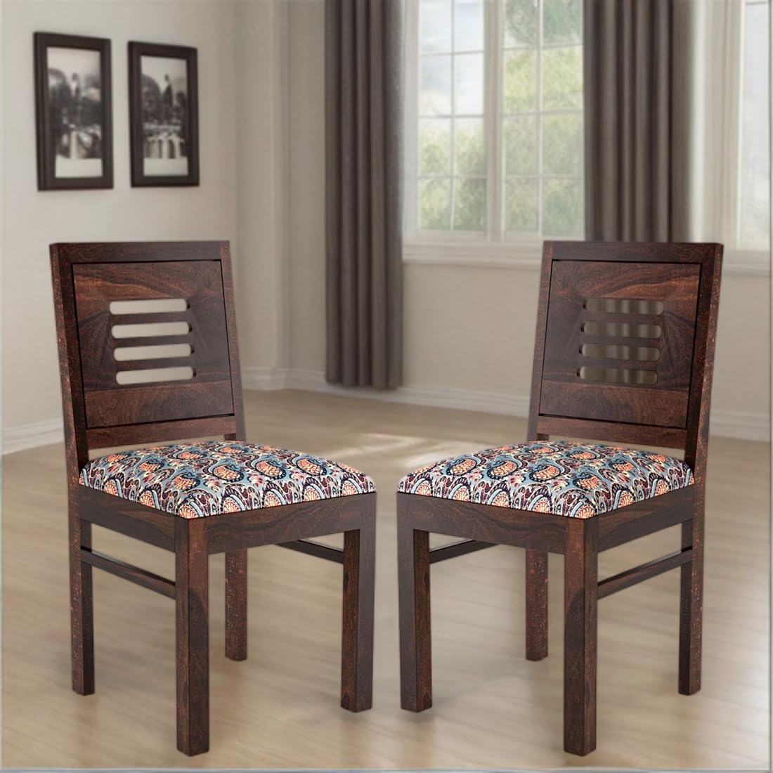 Modern Home Furniture | Solid Wood Dining Chair Set of 2 | Study Chair for Home & Office | Honey Finish with Printed Cushions