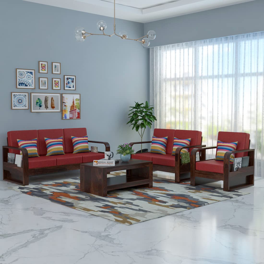 Solid Wood 6 Seater Wooden Sofa Set for Living Room Furniture 6 Seater 3+2+1 Fabric Sofa Set with Center Table