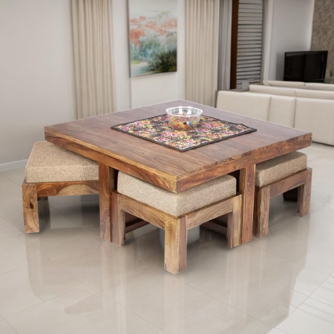 Premium Sheesham Wood Coffee Table for Living Room | Solid Wood Coffee Table, Center Table, Tea Table | Wooden Coffee Table with 4 Stool |Best Furniture for Home