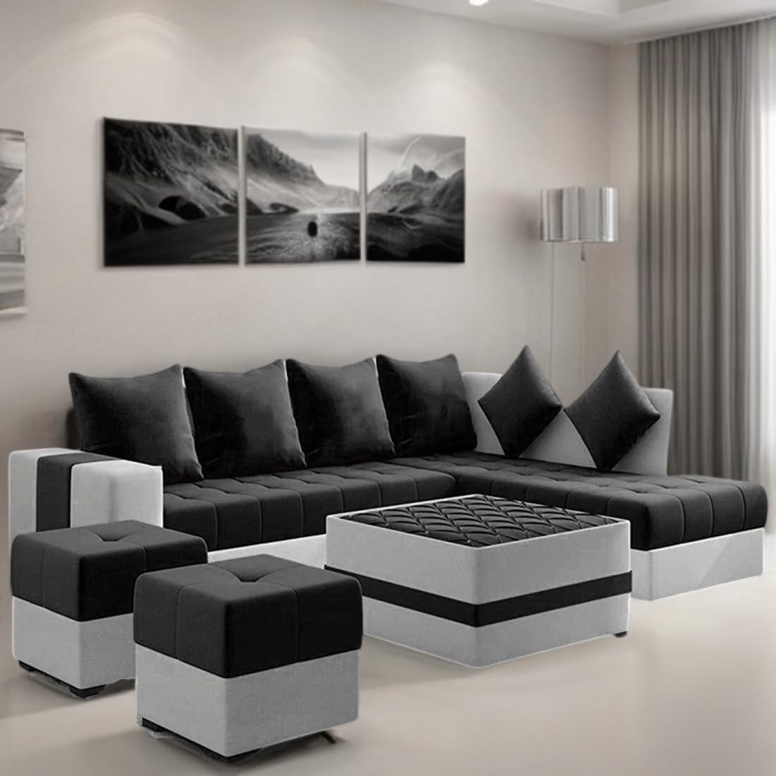 8 Seater Sofa Set, L Shape Sofa(Right Facing) 2 Ottoman, 6 Small Pillow with Coffee Table for Living Room Furniture | Sofa for Home & Office Furniture