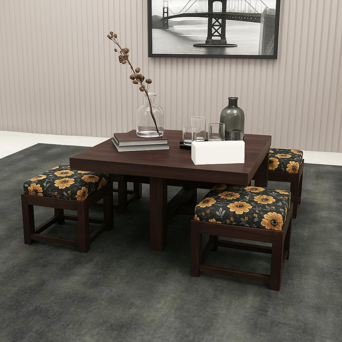 Premium Sheesham Wood Coffee Table for Living Room | Wooden Coffee Table with 4 Stool | Walnut Finish with Flower Printed Cushions