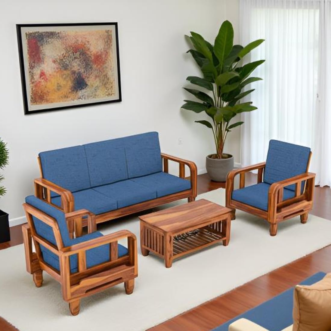 Solid Wood 5 Seater Wooden Sofa Set for Living Room Furniture 5 Seater 3+1+1 Fabric Sofa Set with Center Table