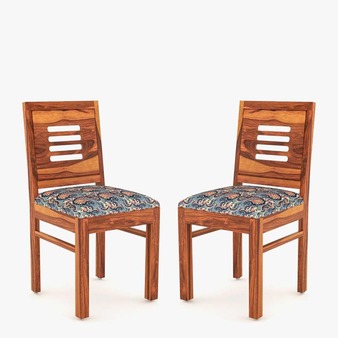Modern Home Furniture | Solid Wood Dining Chair Set of 2 | Study Chair for Home & Office | Honey Finish with Printed Cushions