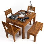 Sheesham Wood Dining Table(34x34) with 3 Chairs & 1 Bench | 4 Seater Dining Set | Wooden Dining Table with Chair - Dining Room Furniture