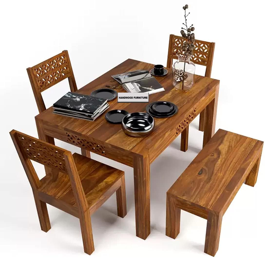 Sheesham Wood Dining Table(34x34) with 3 Chairs & 1 Bench | 4 Seater Dining Set | Wooden Dining Table with Chair - Dining Room Furniture