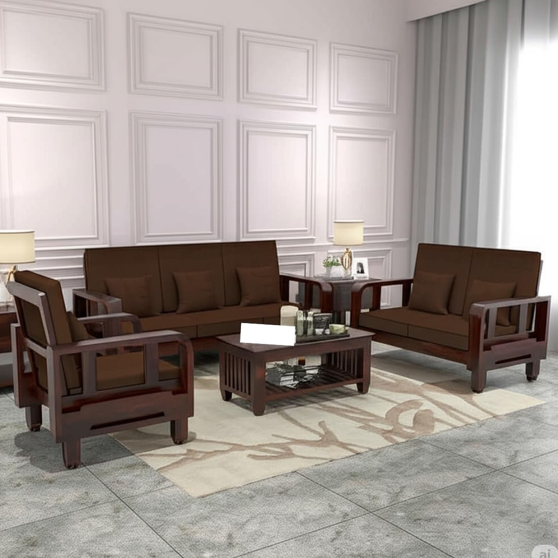 Solid Wood 6 Seater Wooden Sofa Set for Living Room Furniture 6 Seater 3+2+1 Fabric Sofa Set with Center Table