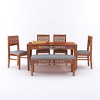 Sheesham Wood CNC Cuting Dining Table with 4 Chairs with 1 Bench|6 Seater Dining Set- Dining Room Furniture
