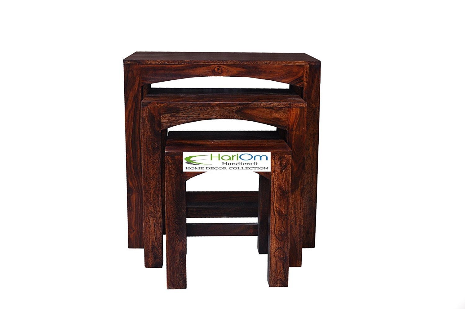 Sheesham Wood Nesting Tables for Living Room, Wooden Stools, Set of 3