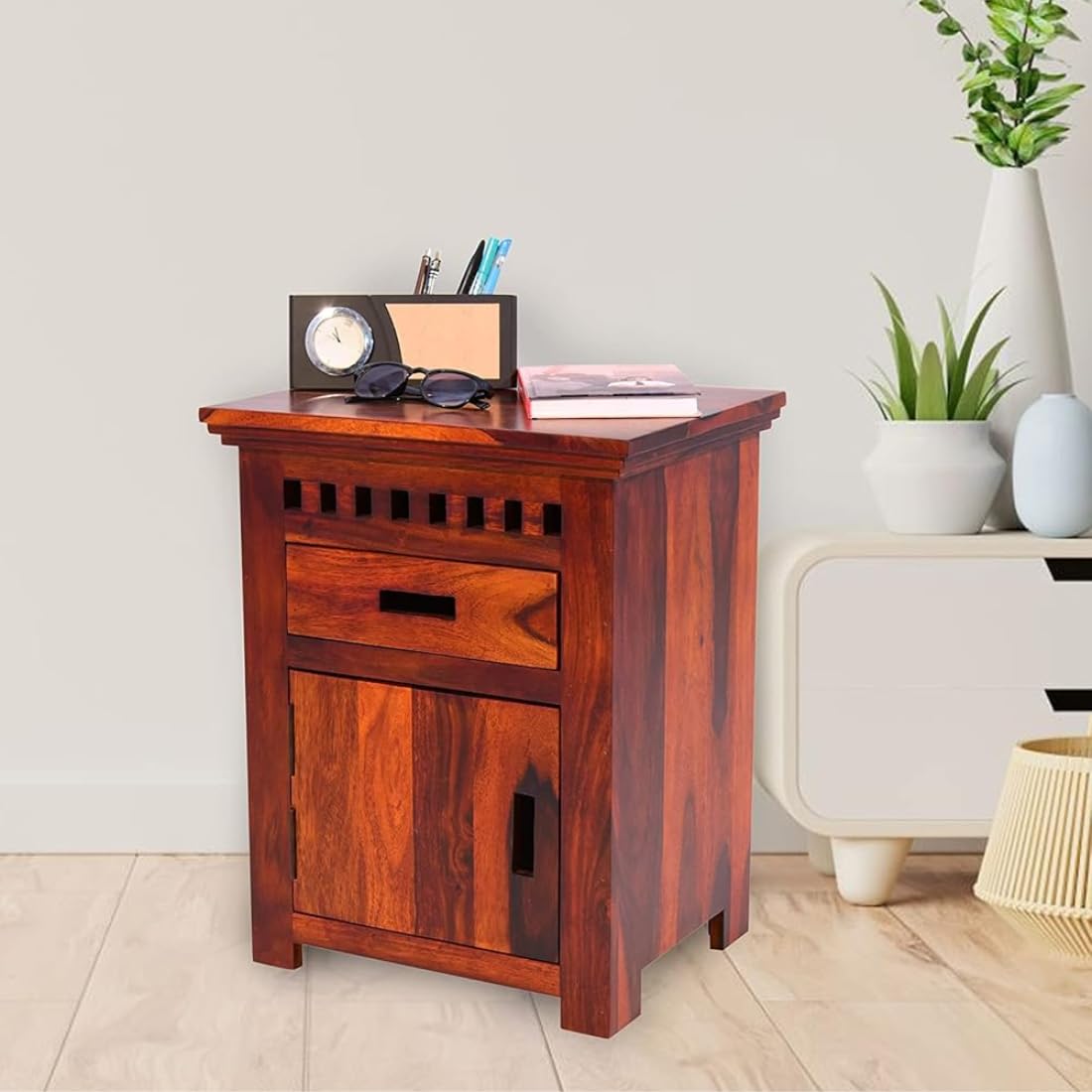 Sheesham Wooden Side Table for Living Room, Bedroom | Wooden Side Table | Bedside Table for Bedroom with Drawers