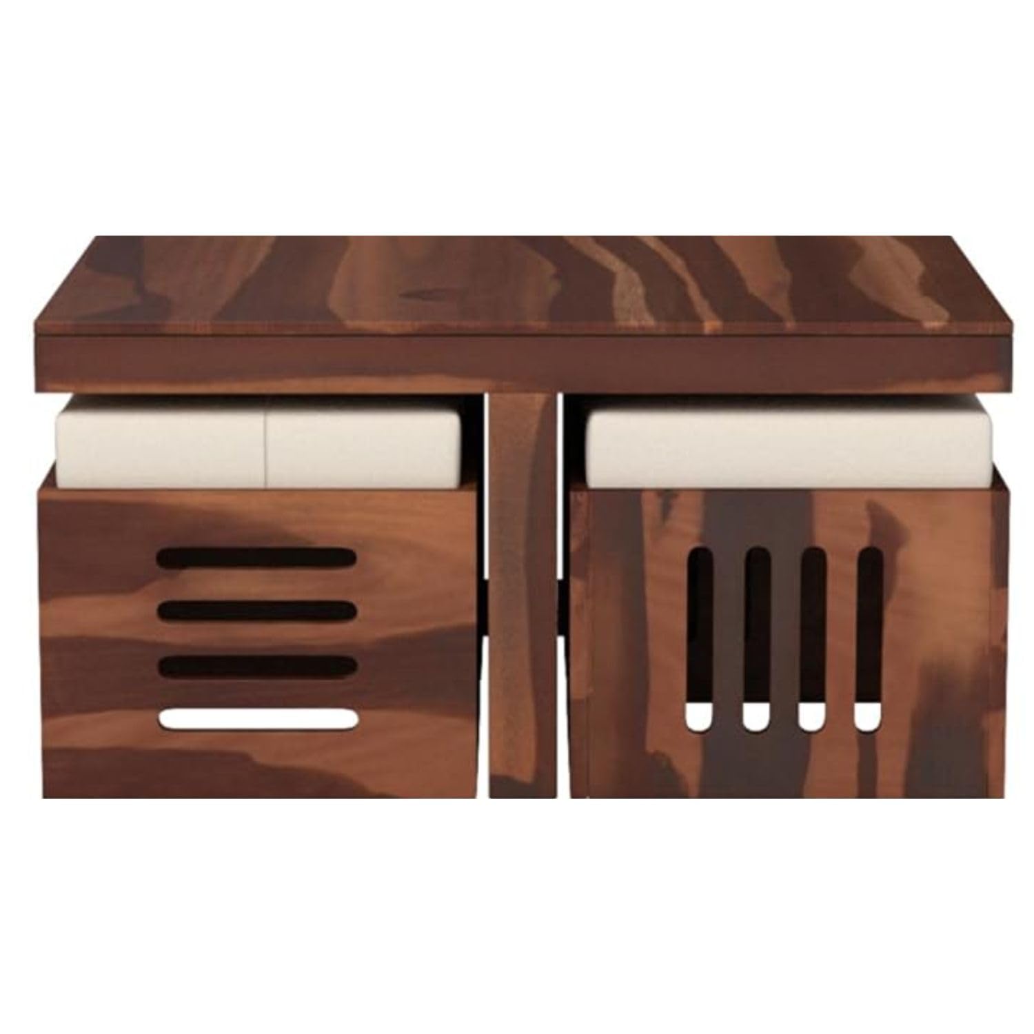 Premium Sheesham Solid Wood Coffee Tea Center Table with 4 Stool Living Room Furniture - Teak Finish