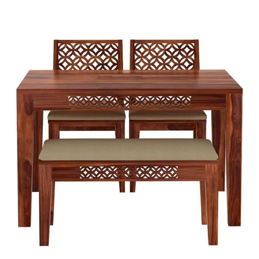 Sheesham Wood Dining Table (34x34) with 2 Chairs 1 Bench | 4 Seater Dining Set | Wooden Dining Table with Chair | Dining Room Furniture