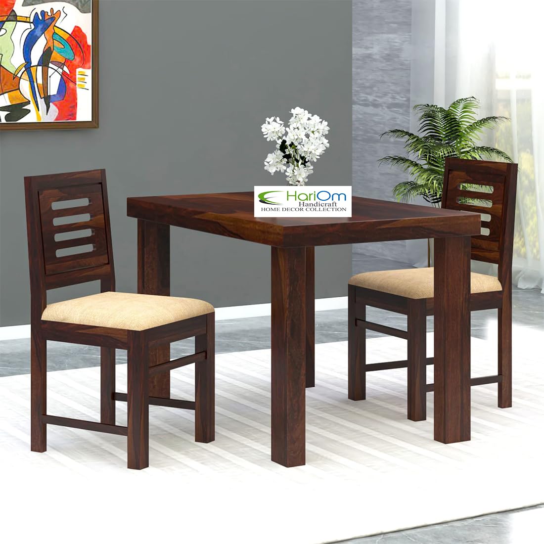 Sheesham Wood Dining Table with Chairs & Chusion | Dining Room Furniture 2 Seater Dining Set (Finish Color :- Warm Chestnut Finish with Cream Cushion)