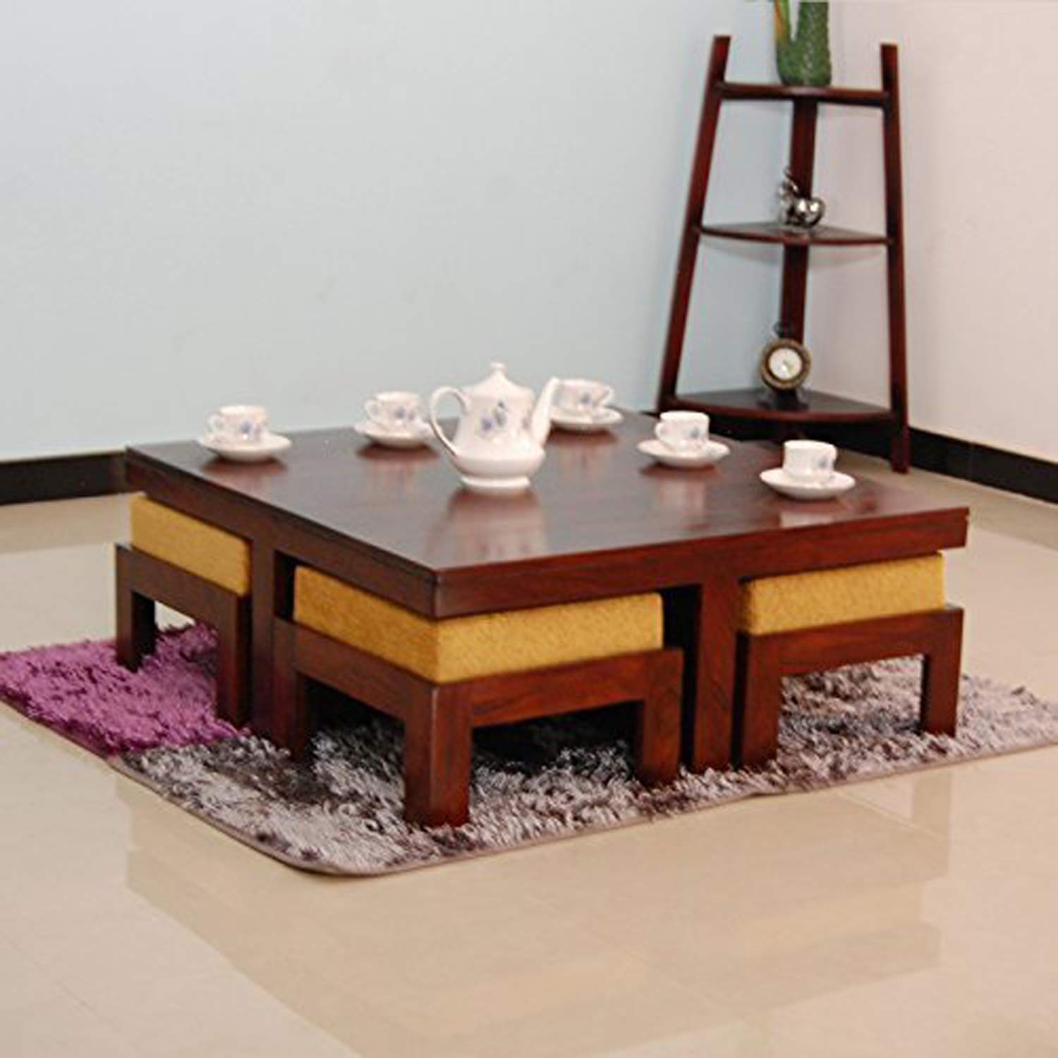 KendalWood Furniture Sheesham Wood Coffee Table for Living Room | Center Table with 4 Stools