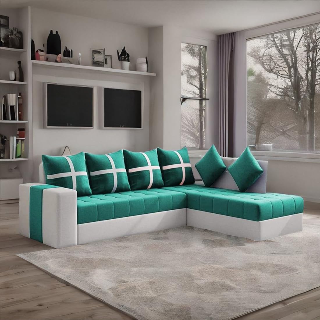 6-Seater L Shape Corner Sofa for Living Room | 6-Seater L Shape Sofa (Right Facing) with 6 Small Pillow | Sofa for Home & Office Furniture