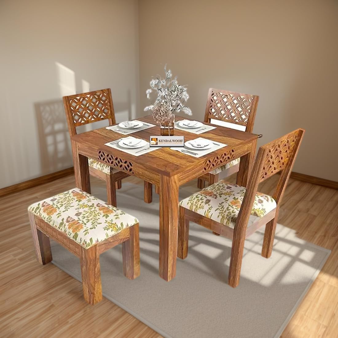 Sheesham Wood Dining Table with 3 Chairs 1 Bench | 4 Seater Dining Set | Wooden Dining Table with Chair | Dining Room Furniture