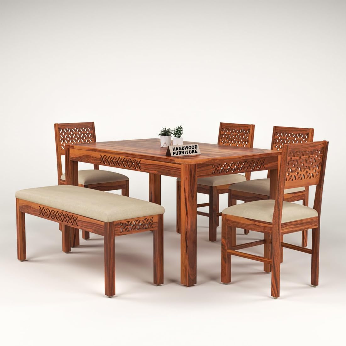 Sheesham Wood Dining Table(57x35) with 4 Chairs & 1 Bench | 6 Seater Dining Set | Wooden Dining Table with Chair - Dining Room Furniture