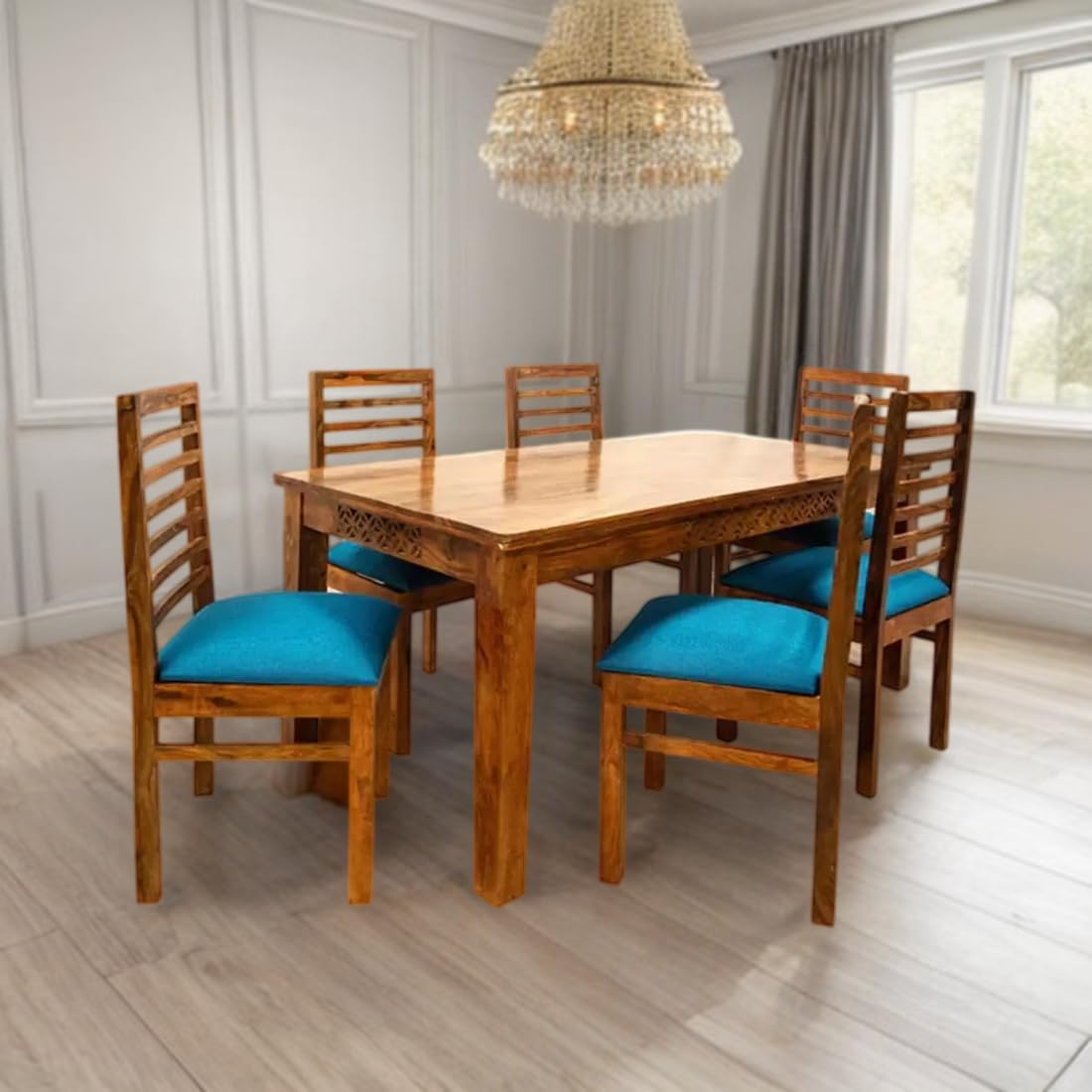 Sheesham Wood CNC Cuting Dining Table with 6 Chairs |6 Seater Dining Set- Dining Room Furniture