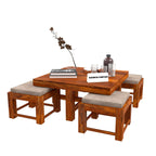 Premium Sheesham Wood Coffee Table for Living Room | Wooden Coffee Table with 4 Stool | Walnut Finish with Flower Printed Cushions