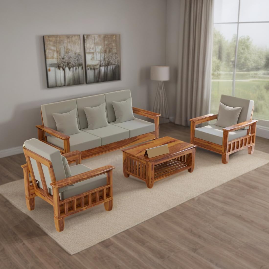 Solid Sheesham Wood Sofa Set , Living Room Furniture (3+1+1 with Center Table) 5 Seater