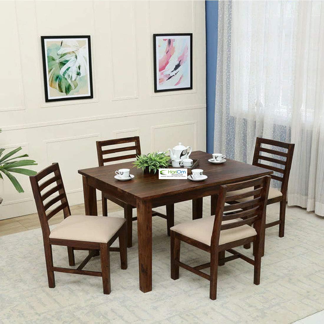 Sheesham Wood 4 Seater Dining Table Set with 4 Chairs and Cushion