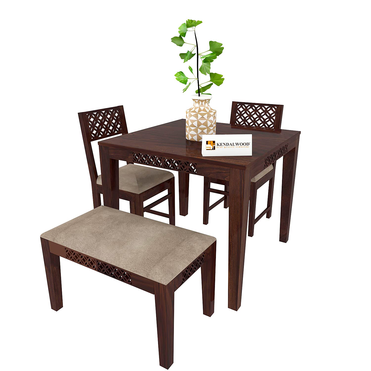 Sheesham Wood CNC Cuting Dining Table with 2 Chairs with 1 Bench | 3 Seater Dining Set Dining Room Furniture