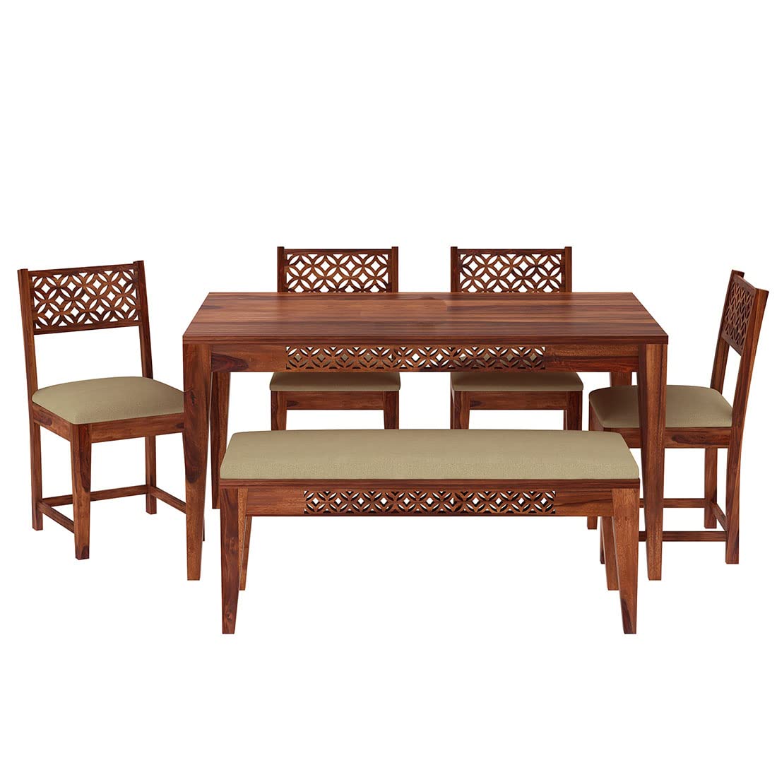Sheesham Wood CNC Cuting Dining Table with 4 Chairs with 1 Bench|6 Seater Dining Set- Dining Room Furniture