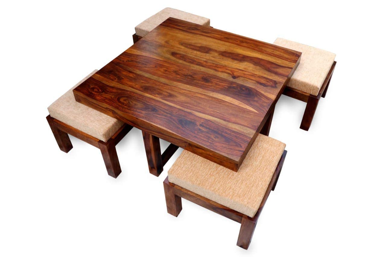 Premium Sheesham Wood Coffee Table for Living Room | Solid Wood Coffee Table, Center Table, Tea Table | Wooden Coffee Table with 4 Stool |Best Furniture for Home | Teak Finish