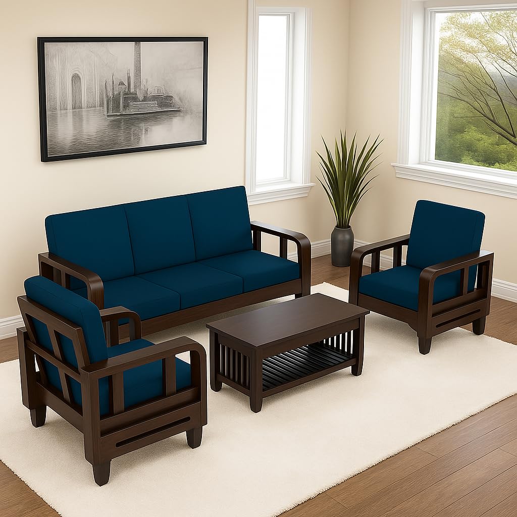 Solid Wood 5 Seater Wooden Sofa Set for Living Room Furniture 5 Seater 3+1+1 Fabric Sofa Set with Center Table