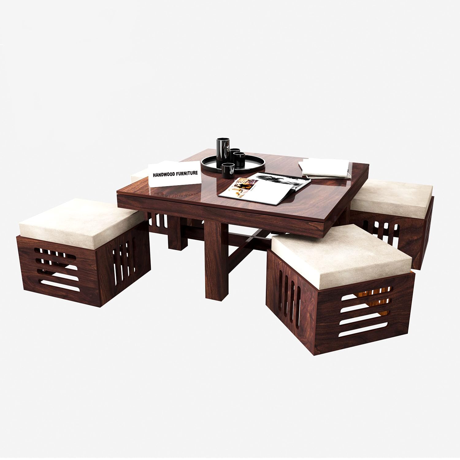 Premium Sheesham Wood Coffee Table for Living Room | Wooden Coffee Table with 4 Stool