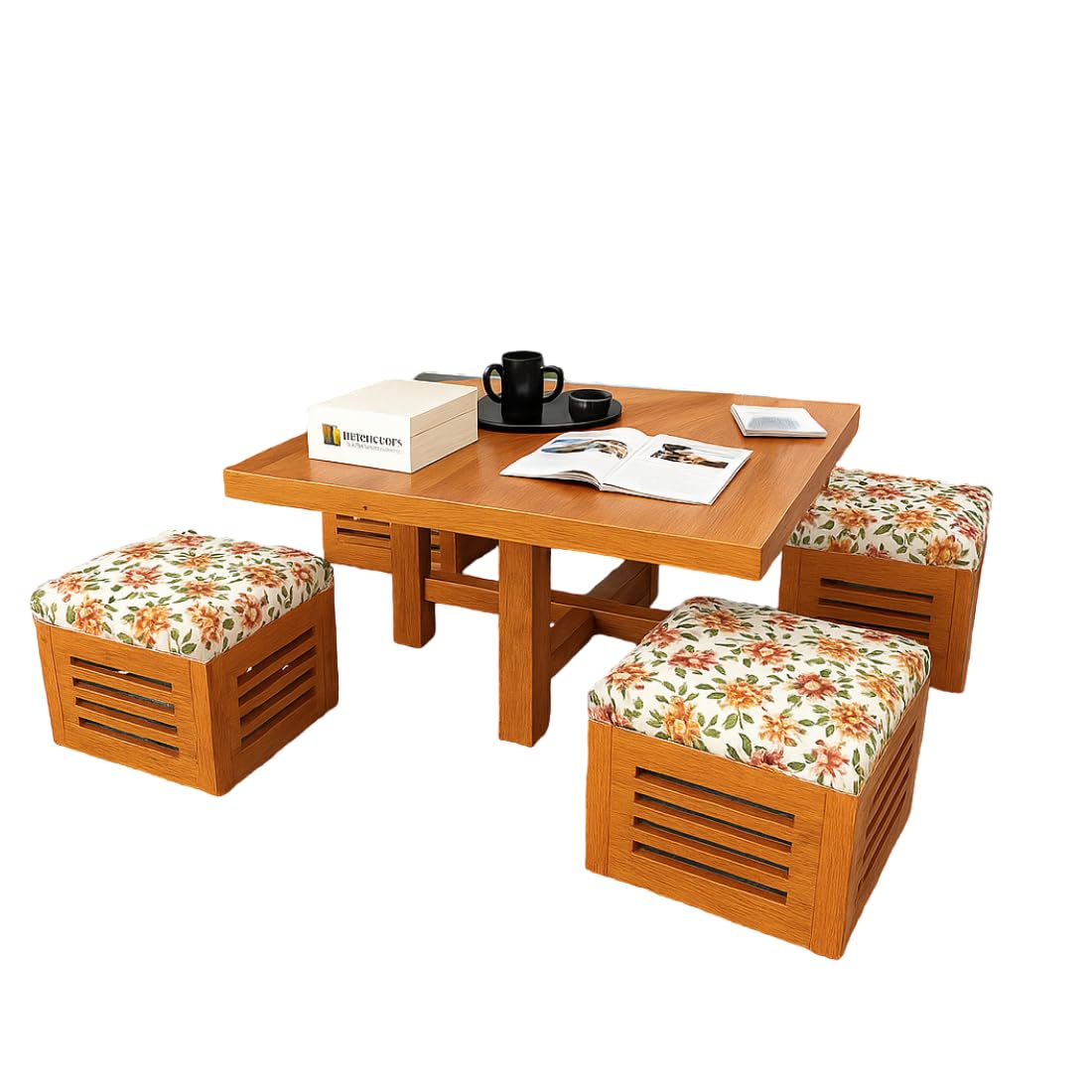Premium Sheesham Wood Coffee Table for Living Room | Wooden Coffee Table with 4 Stool