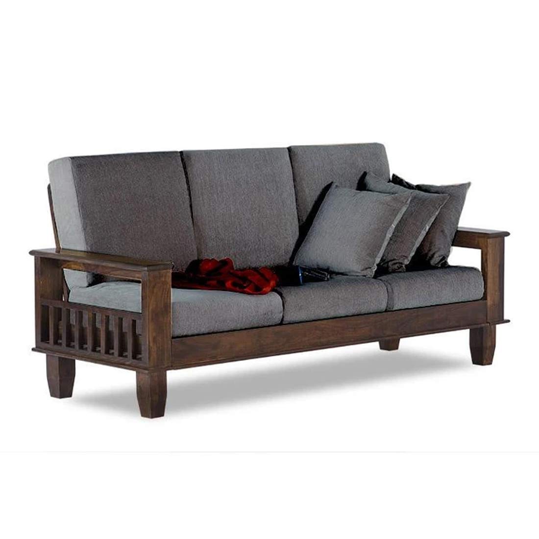 Solid Sheesham Wood 3 Seater Wooden Sofa Set with Brown Cushions 3 Seater Sofa