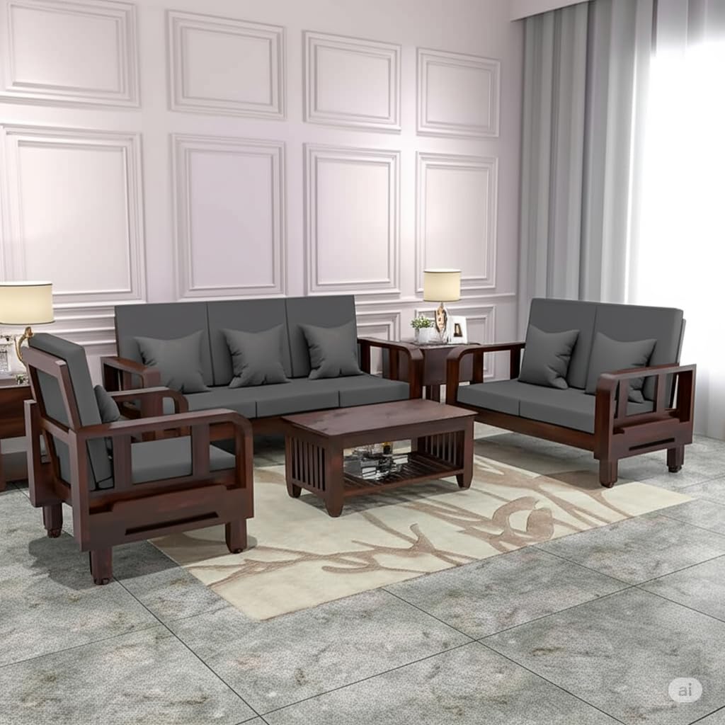 Solid Wood 6 Seater Wooden Sofa Set for Living Room | 3+2+1 Sofa Set with Center Table | Furniture for Home & Hotels