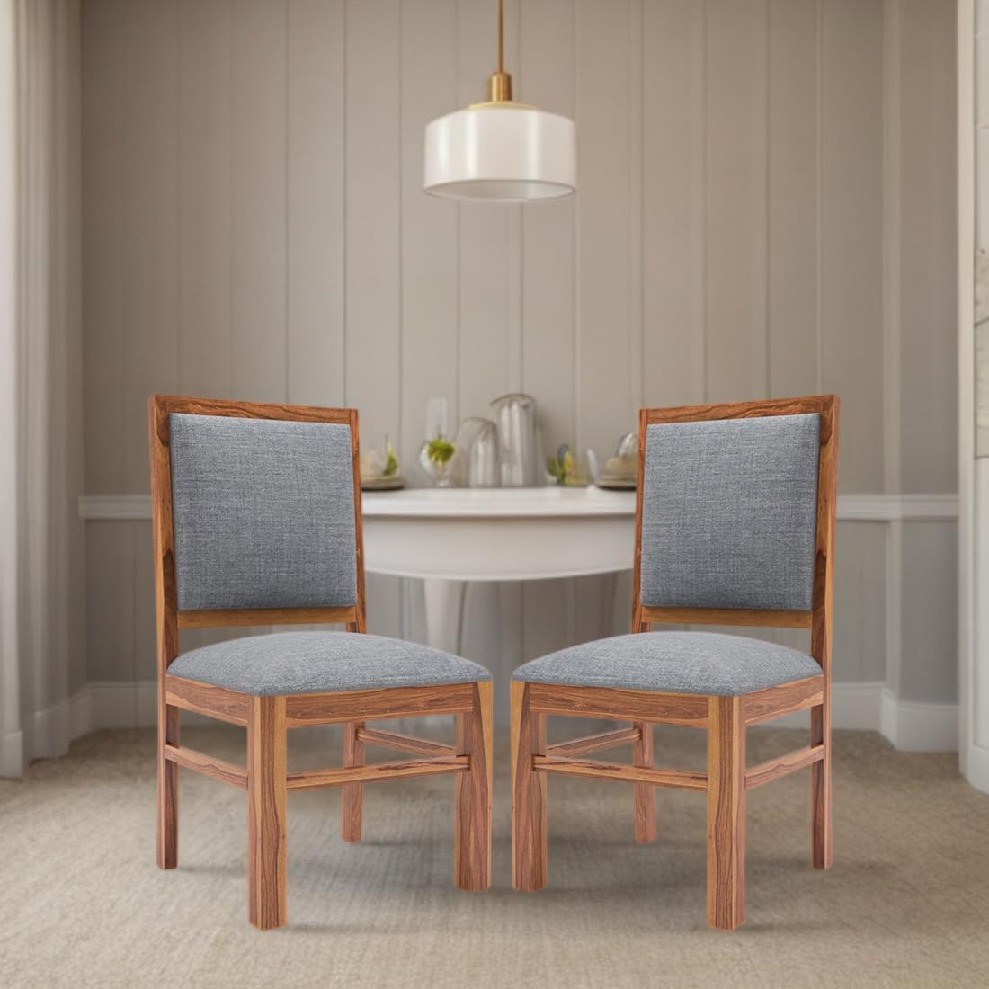 Modern Home Furniture | Solid Wood Dinning Chair Set of 2 | Study Chair for Home & Office | Honey Finish with Grey Cushions