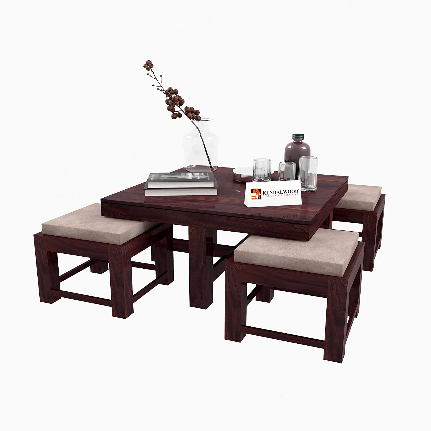 Sheesham Wood Coffee Table | Center Table with 4 Stool