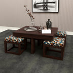 Premium Sheesham Wood Coffee Table for Living Room | Wooden Coffee Table with 4 Stool | Walnut Finish with Multicolor Printed Cushions