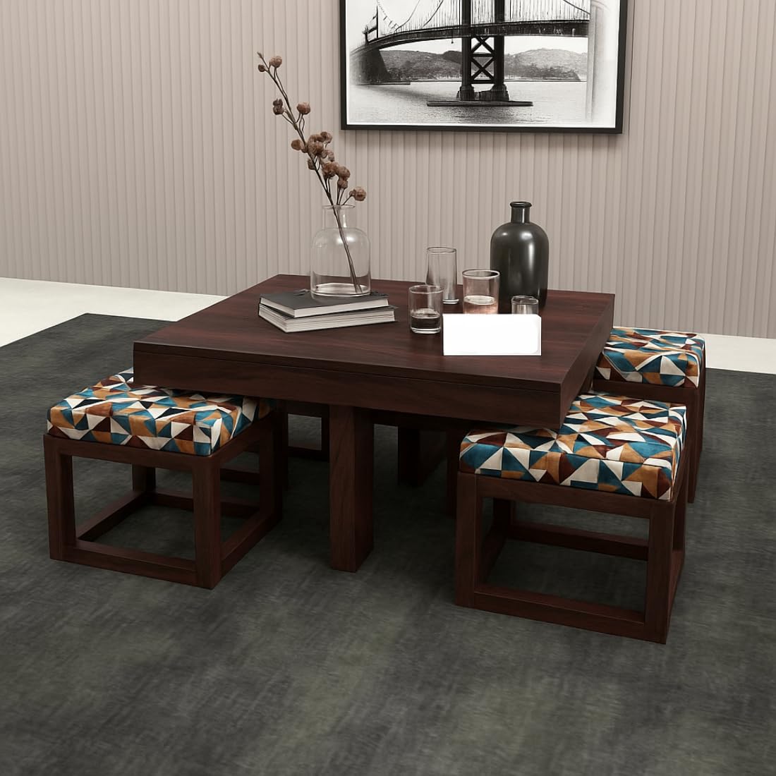 Premium Sheesham Wood Coffee Table for Living Room | Wooden Coffee Table with 4 Stool | Walnut Finish with Multicolor Printed Cushions
