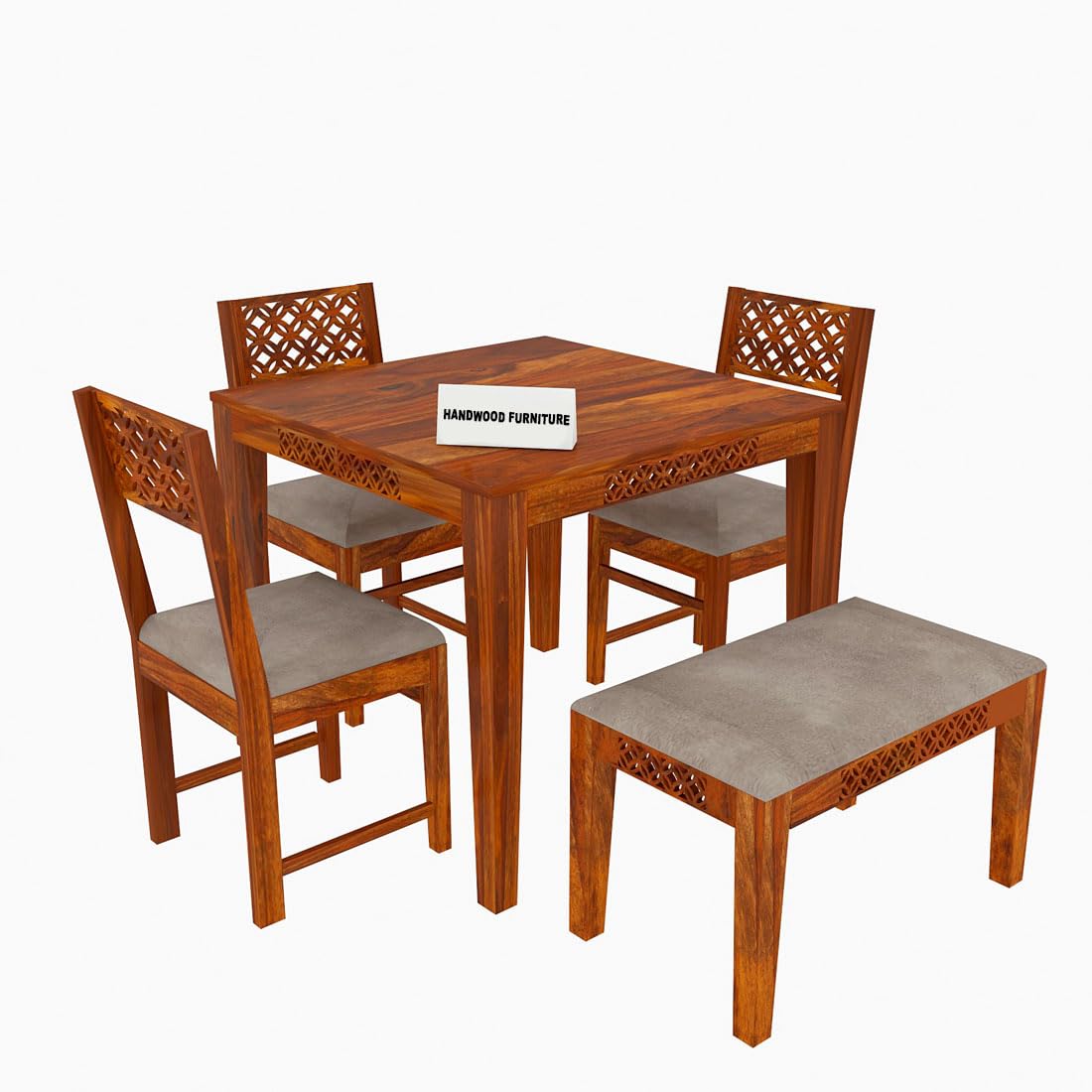 Sheesham Wood Dining Table (34x34) with 3 Chairs & 1 Bench | 4 Seater Dining Set