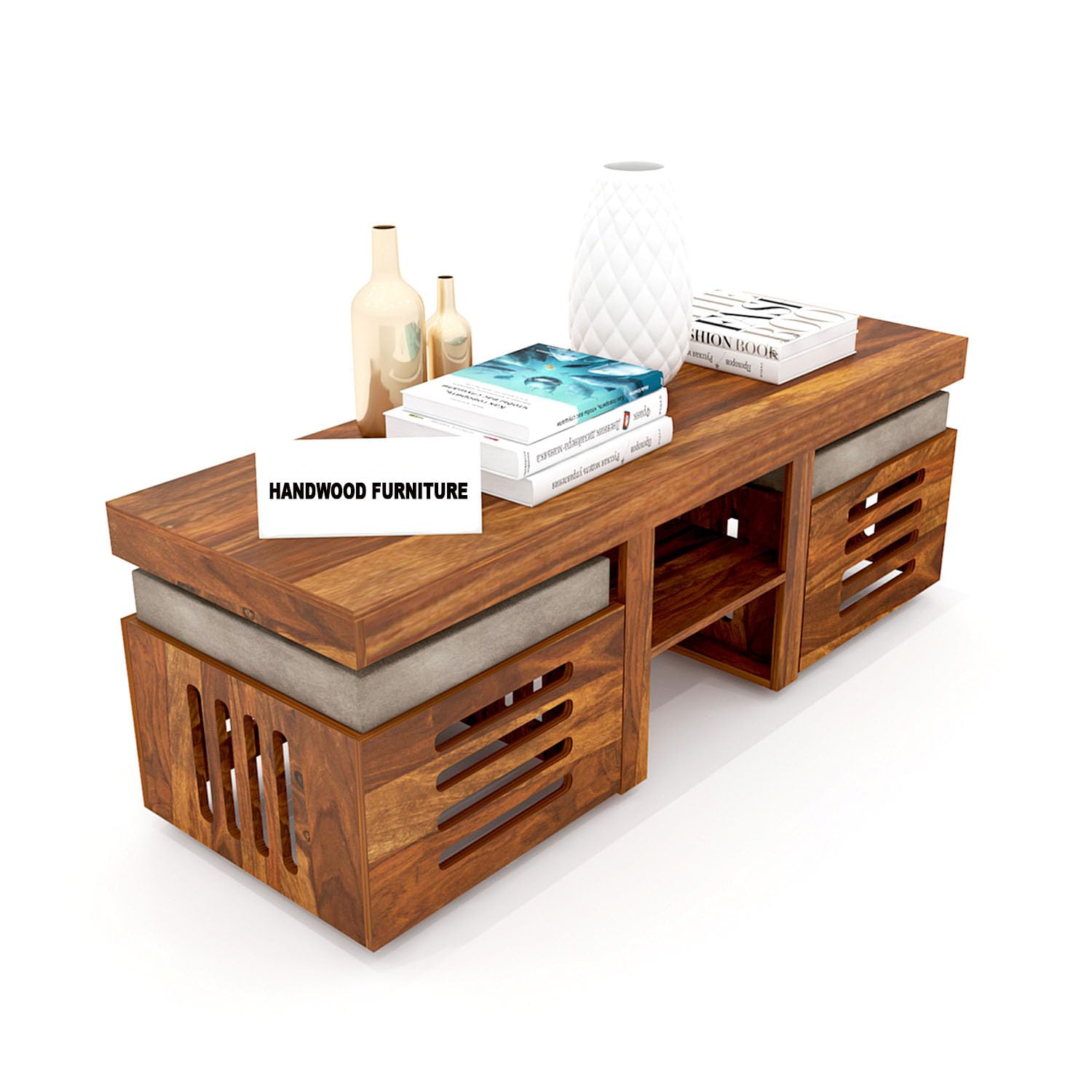 Premium Sheesham Wood Coffee Table for Living Room | Solid Wood Coffee Table, Center Table, Tea Table | Wooden Coffee Table with 2 Stool | Best Furniture for Home