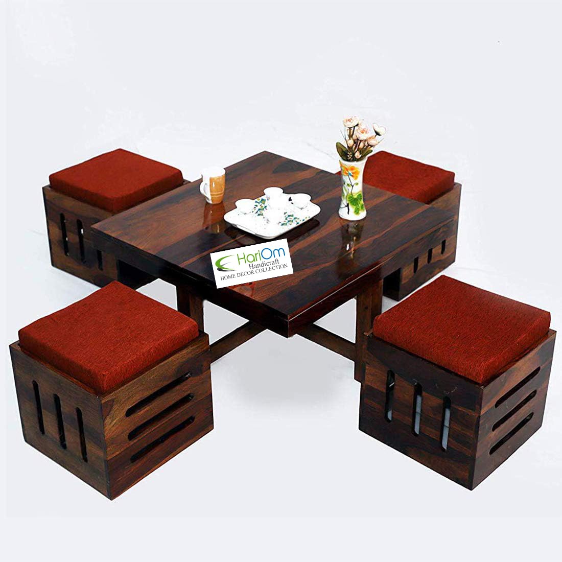 Sheesham KendalWood Capsule Cut Center Coffee Table with 4 Stools for Living Room Teak Finish with Orange Cushions