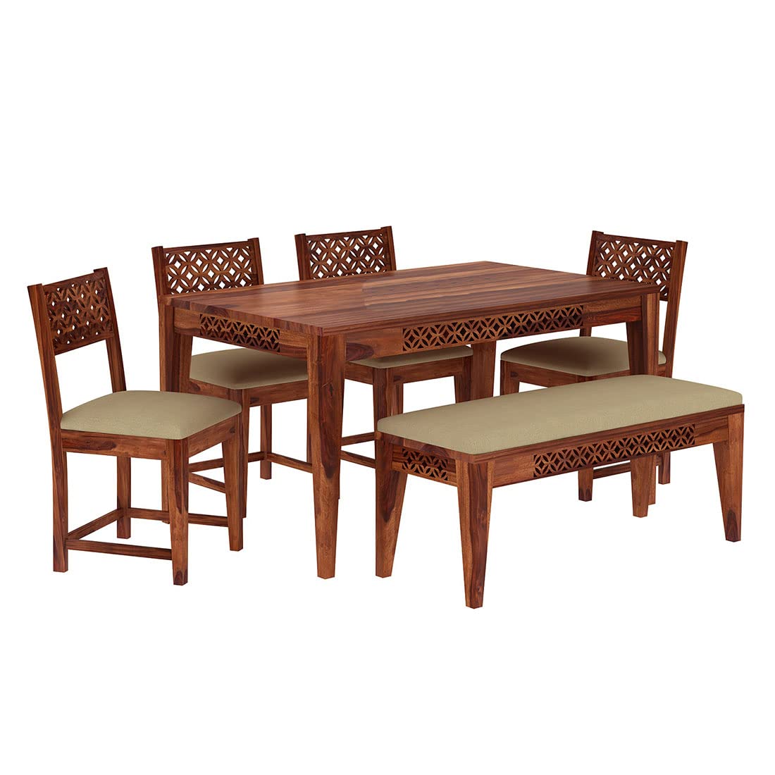 Sheesham Wood CNC Cuting Dining Table with 4 Chairs with 1 Bench|6 Seater Dining Set- Dining Room Furniture