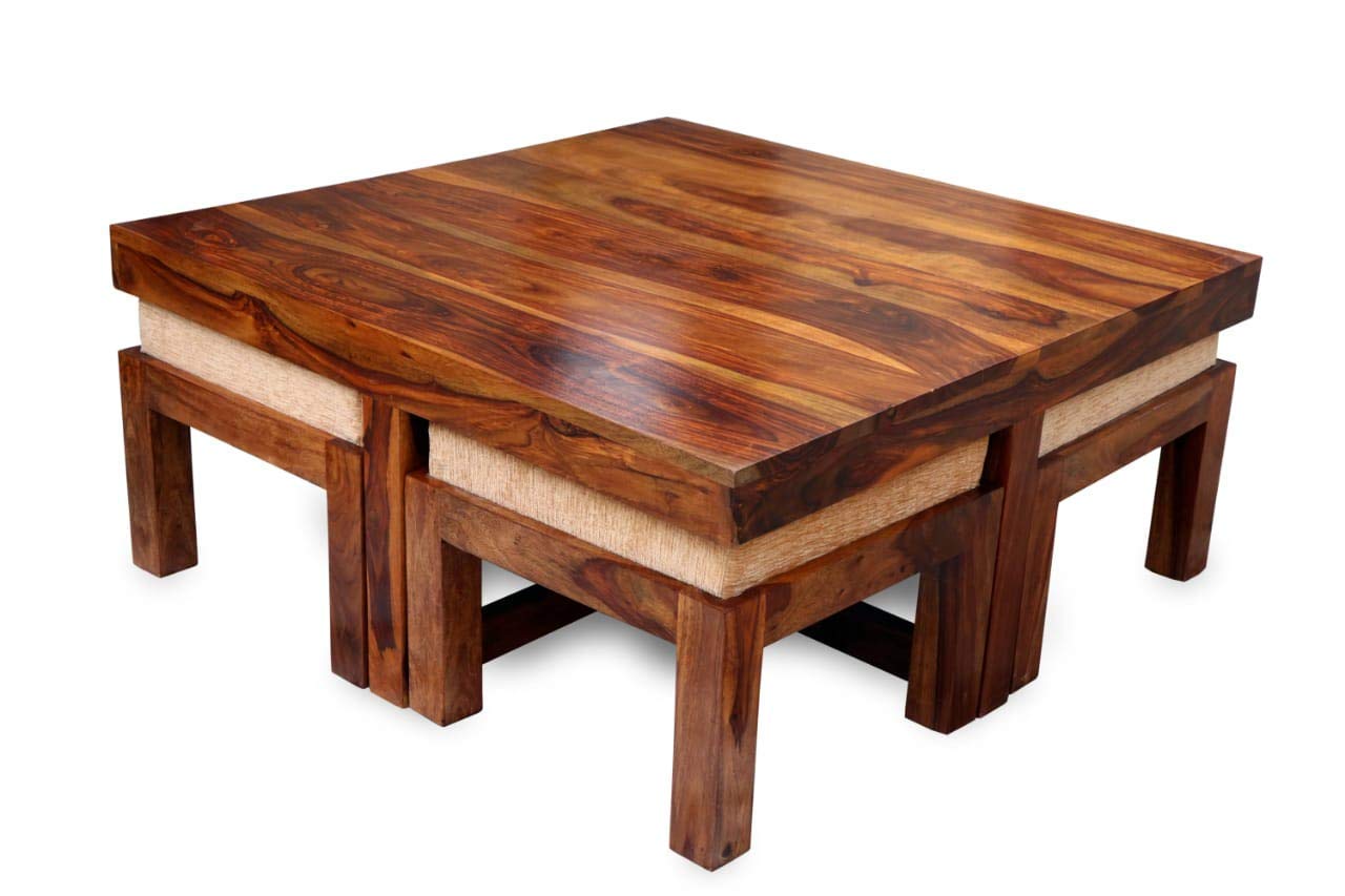 Premium Sheesham Wood Coffee Table for Living Room | Solid Wood Coffee Table, Center Table, Tea Table | Wooden Coffee Table with 4 Stool |Best Furniture for Home | Teak Finish