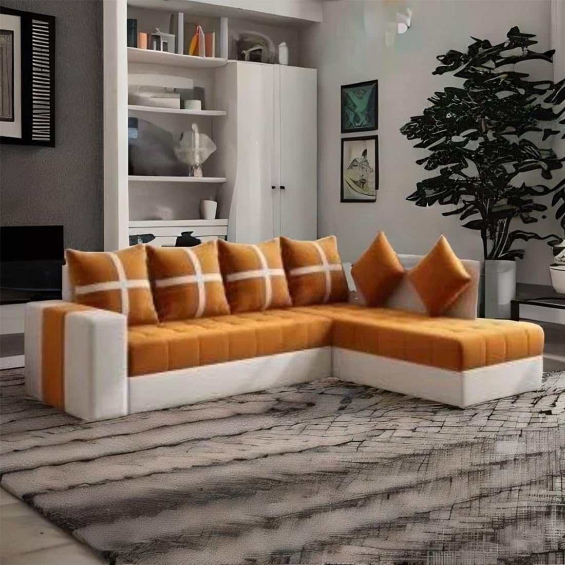 6-Seater L Shape Corner Sofa for Living Room | 6-Seater L Shape Sofa (Right Facing) with 6 Small Pillow | Sofa for Home & Office Furniture