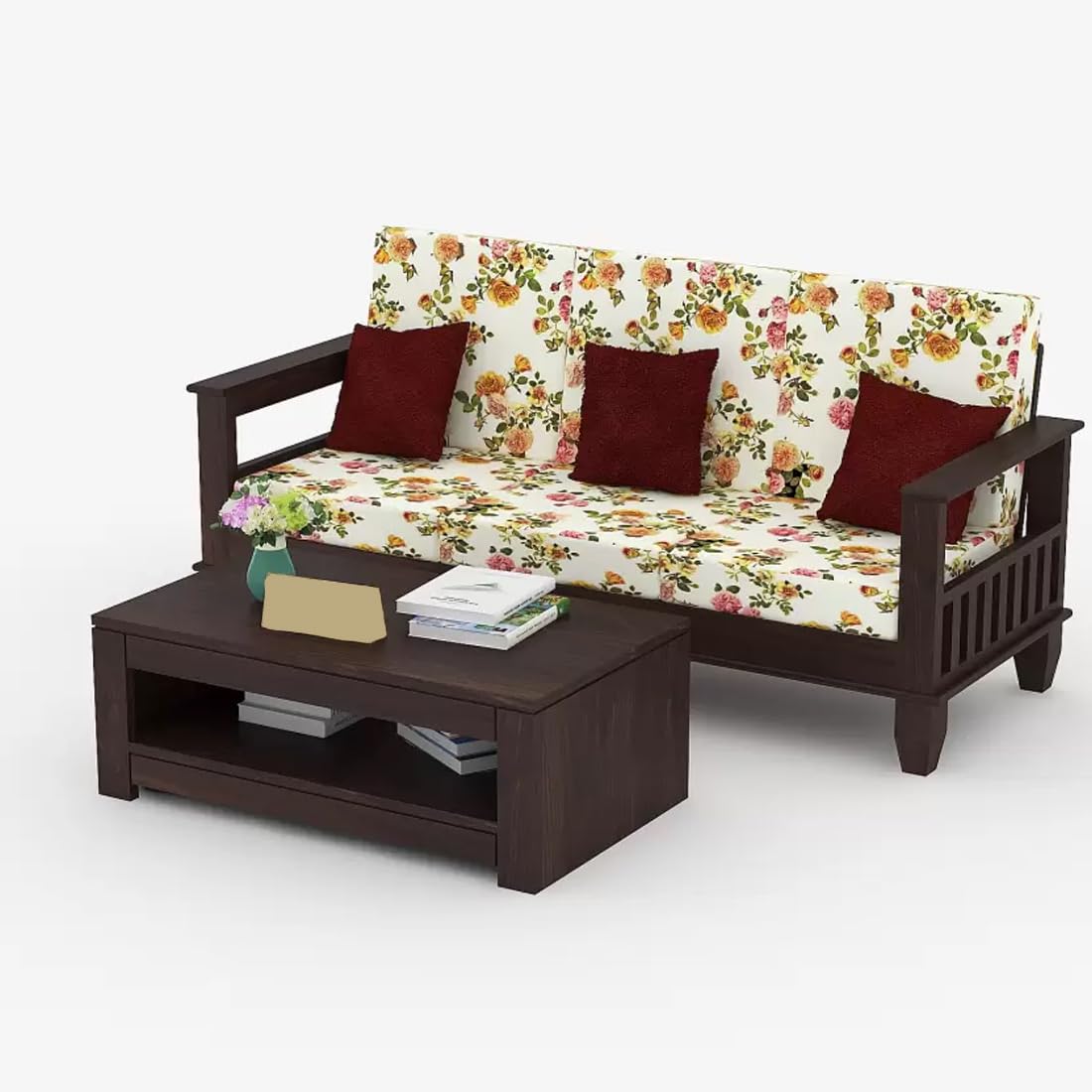 Solid Wood 3 Seater Wooden Sofa Set for Living Room Furniture | Fabric 3 Seater Sofa Set with Center Table